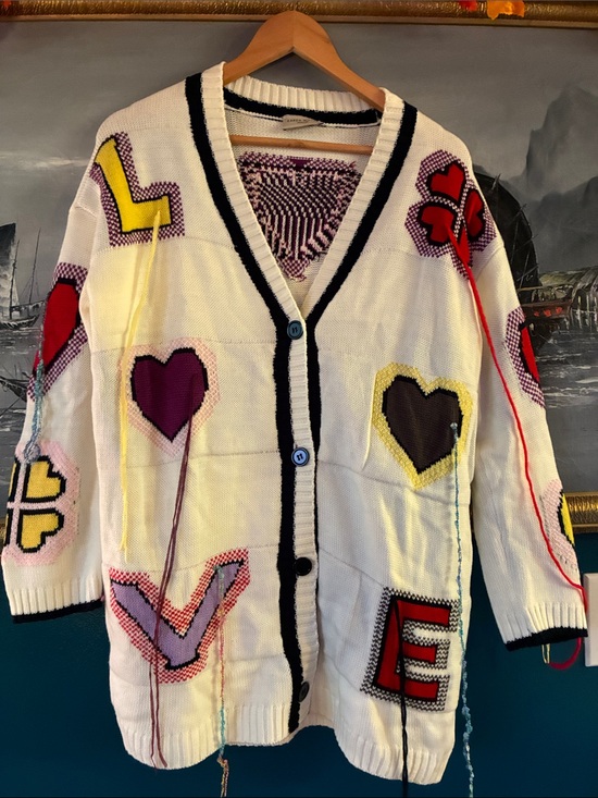 Karen Millen Sweaters - Karen Millen White Patchwork Heart & Letter Button Cardigan